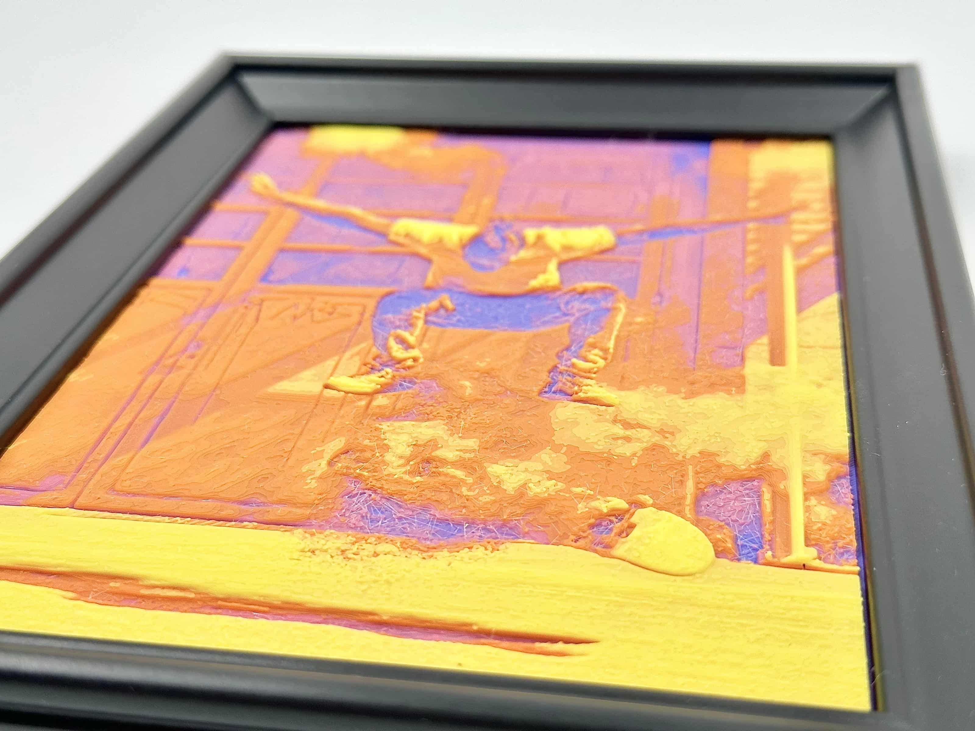 Close view of raised layers in a 3D photo print.