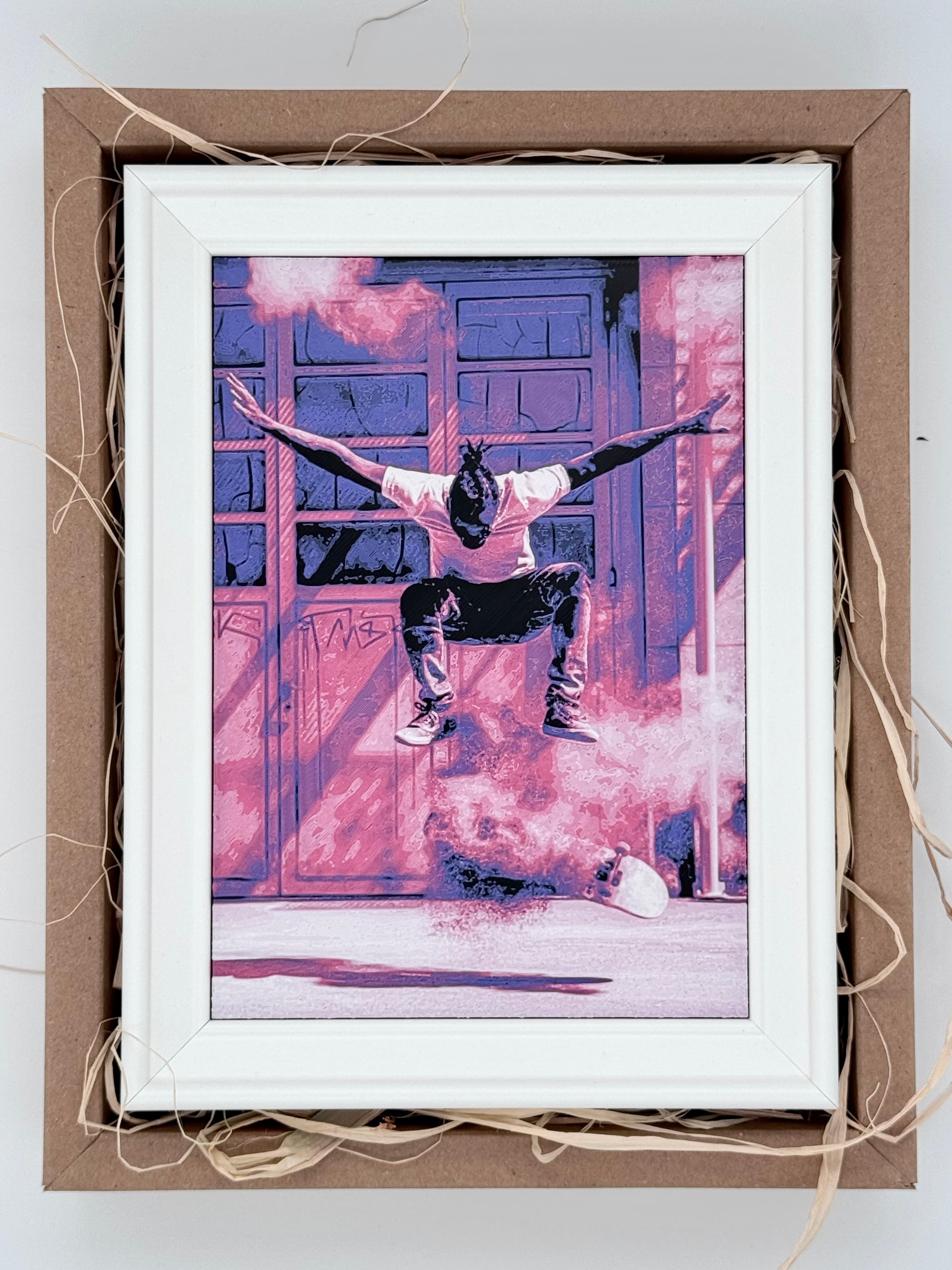 Skateboard-jump photo shown as a colourful framed 3D photo print in packaging.