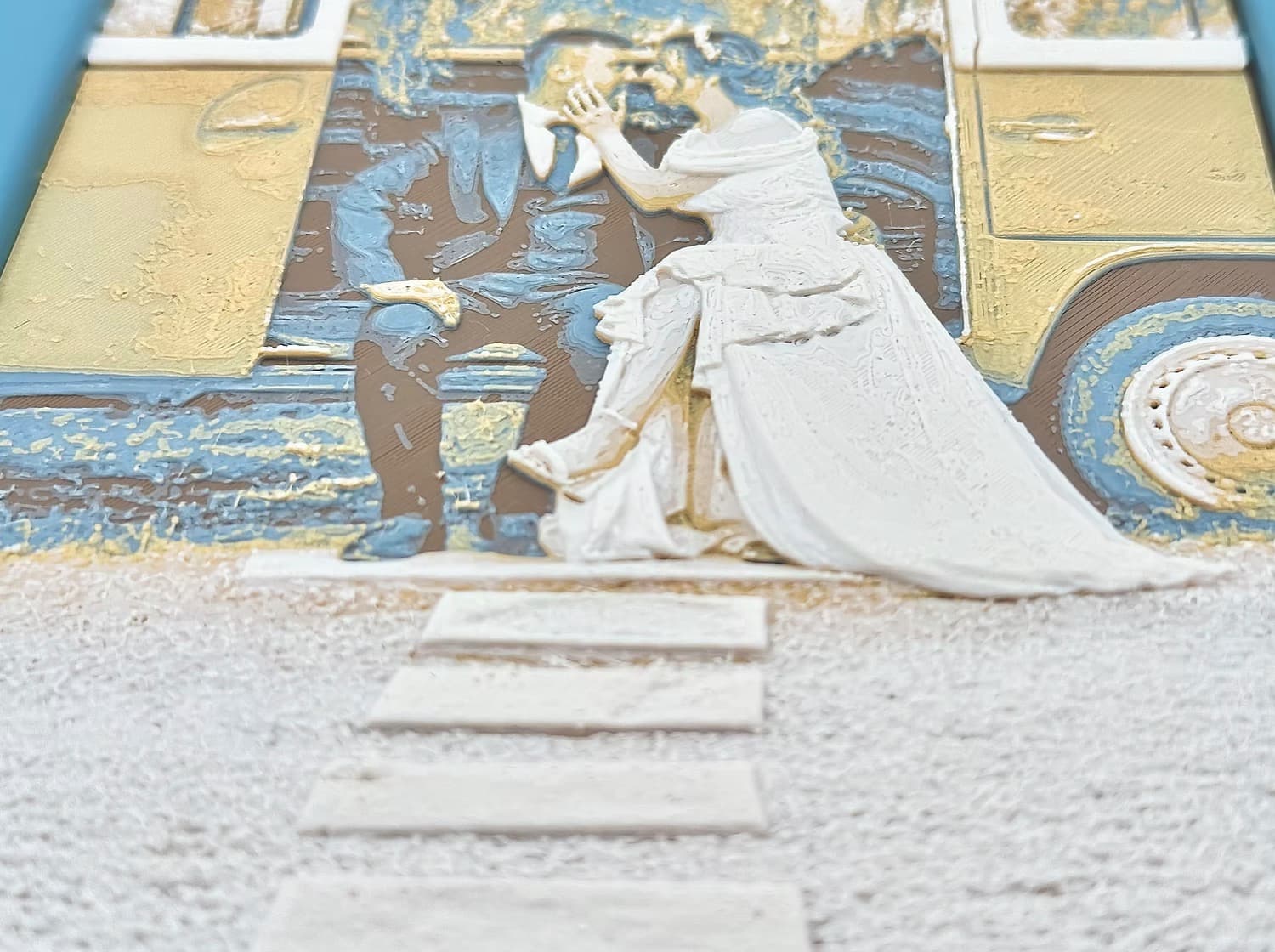 Close-up of raised layered texture on a custom 3D photo relief print.
